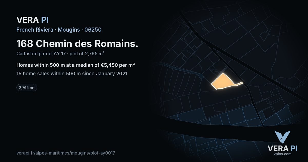 168 Chemin des Romains, Mougins at night – the plot lit, the parcels around coloured by the prices near them