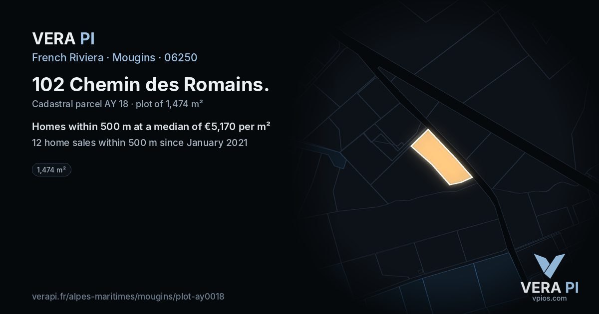 102 Chemin des Romains, Mougins at night – the plot lit, the parcels around coloured by the prices near them