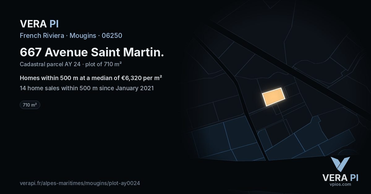 667 Avenue Saint Martin, Mougins at night – the plot lit, the parcels around coloured by the prices near them