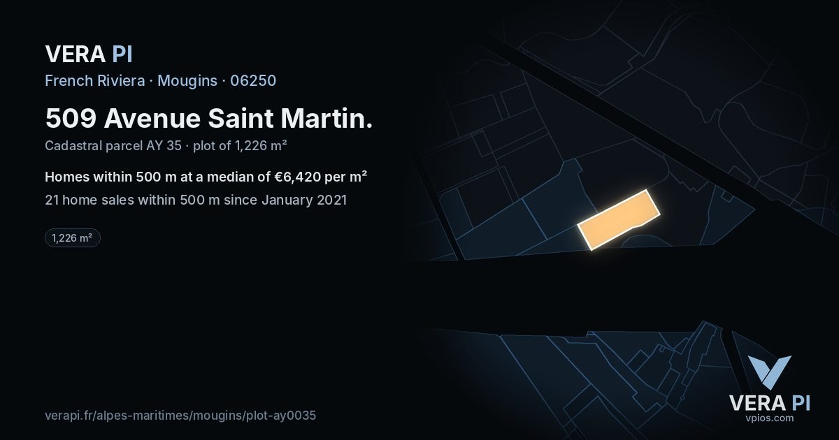 509 Avenue Saint Martin, Mougins at night – the plot lit, the parcels around coloured by the prices near them