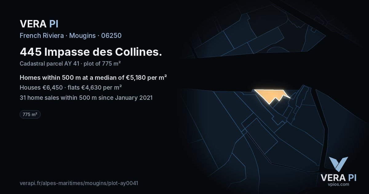 445 Impasse des Collines, Mougins at night – the plot lit, the parcels around coloured by the prices near them
