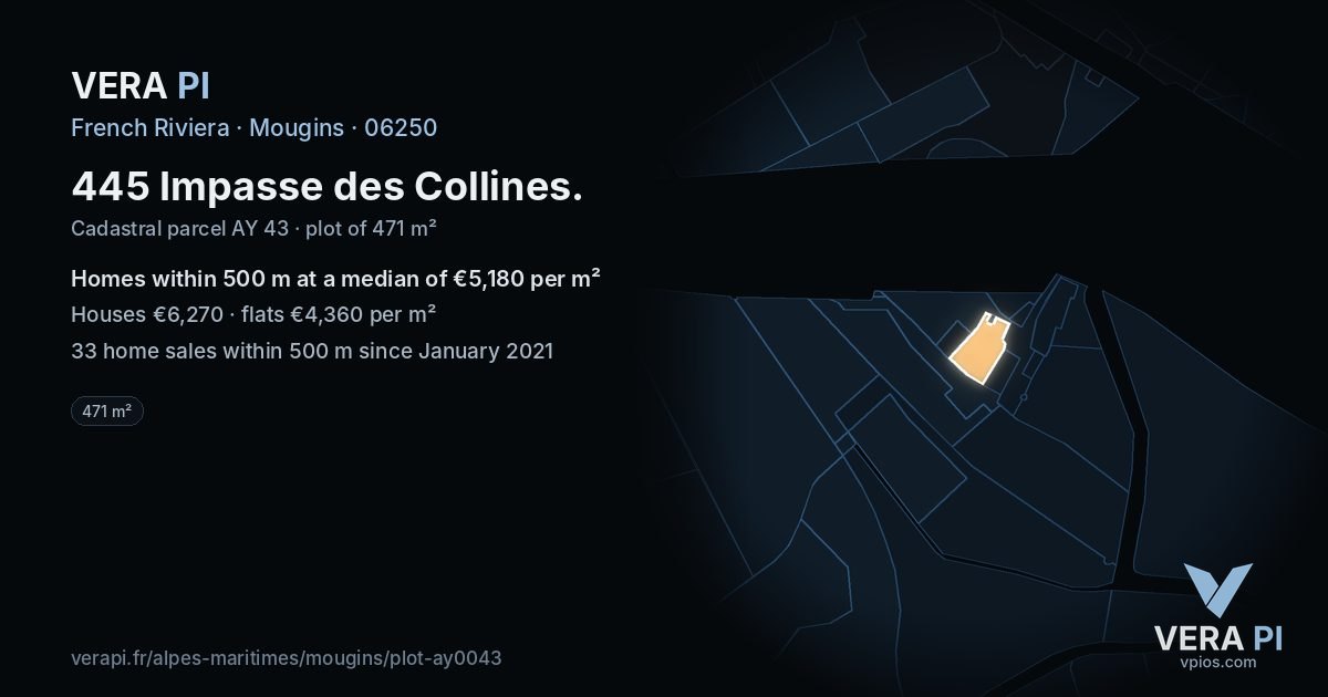 445 Impasse des Collines, Mougins at night – the plot lit, the parcels around coloured by the prices near them