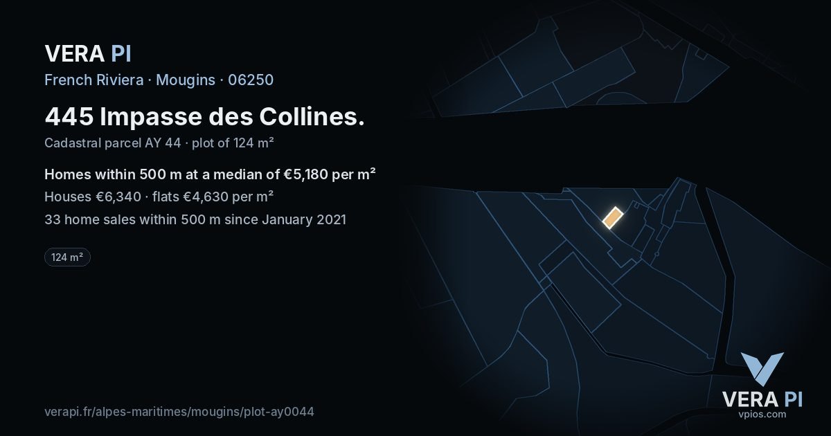 445 Impasse des Collines, Mougins at night – the plot lit, the parcels around coloured by the prices near them