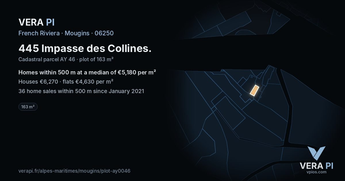 445 Impasse des Collines, Mougins at night – the plot lit, the parcels around coloured by the prices near them
