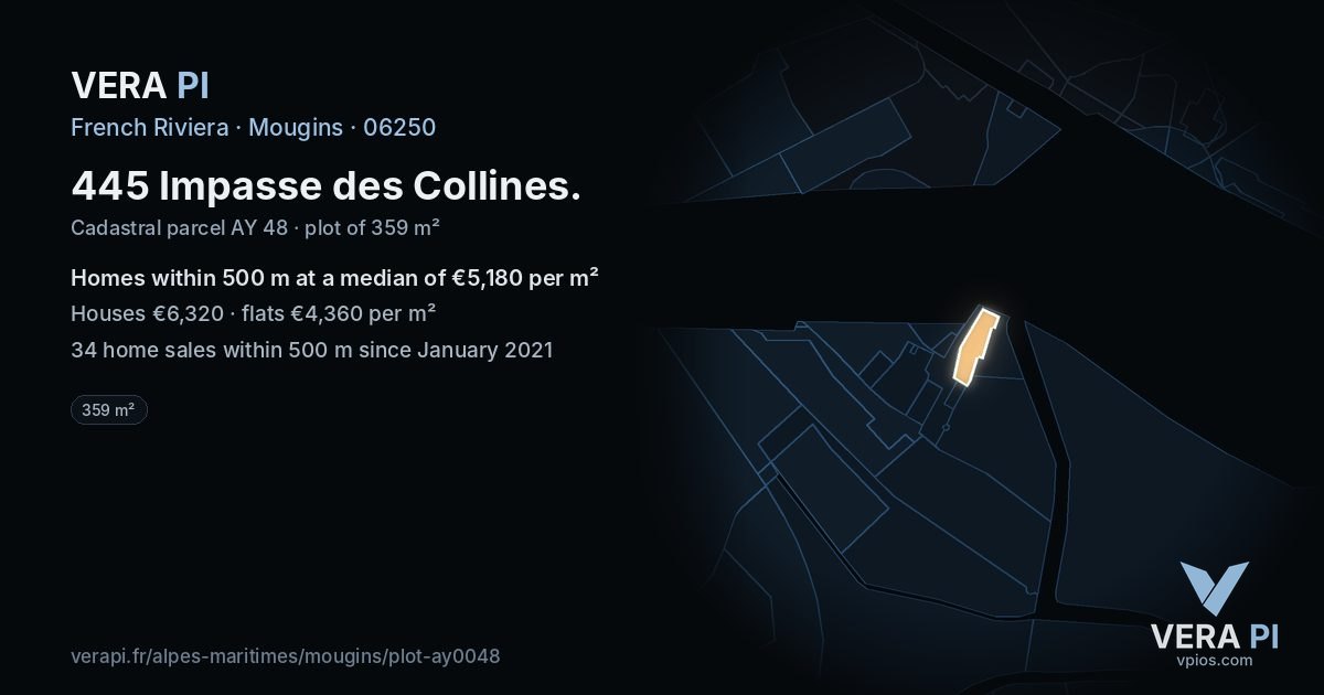 445 Impasse des Collines, Mougins at night – the plot lit, the parcels around coloured by the prices near them