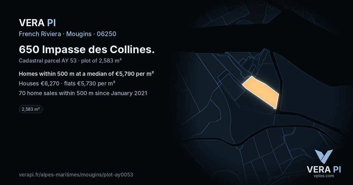 650 Impasse des Collines, Mougins at night – the plot lit, the parcels around coloured by the prices near them