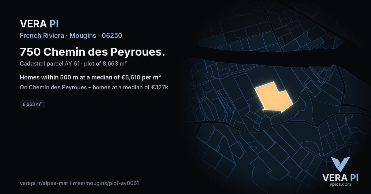750 Chemin des Peyroues, Mougins at night – the plot lit, the parcels around coloured by the prices near them