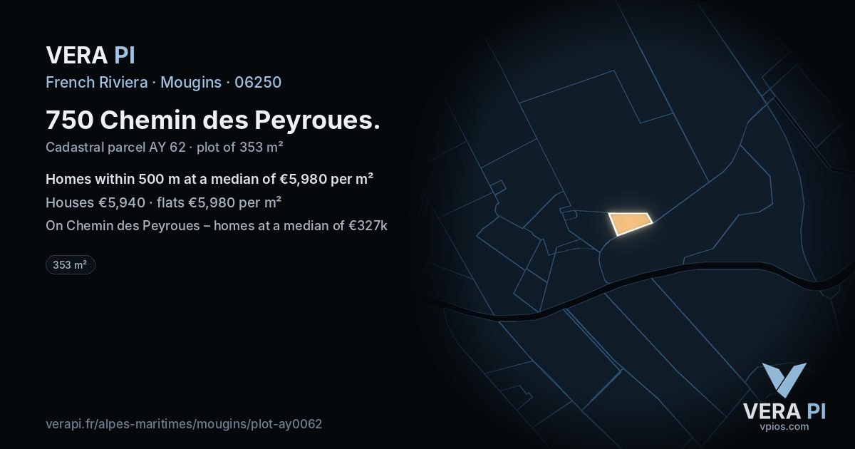 750 Chemin des Peyroues, Mougins at night – the plot lit, the parcels around coloured by the prices near them
