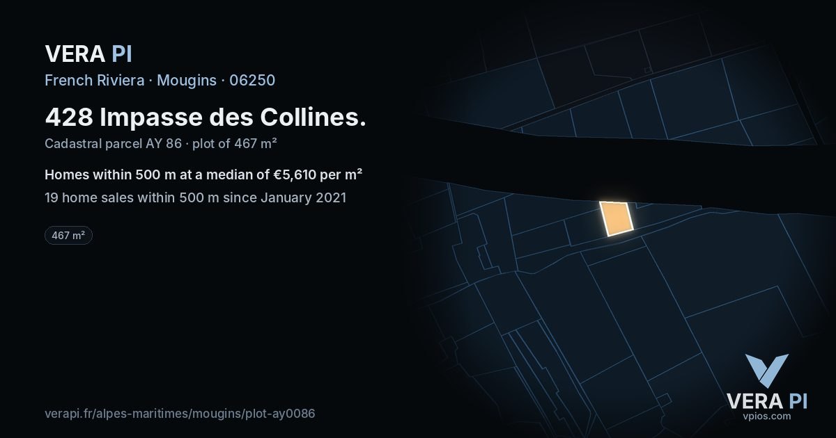 428 Impasse des Collines, Mougins at night – the plot lit, the parcels around coloured by the prices near them