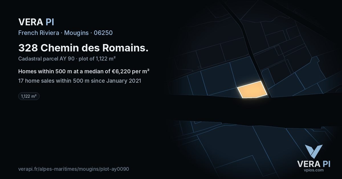 328 Chemin des Romains, Mougins at night – the plot lit, the parcels around coloured by the prices near them