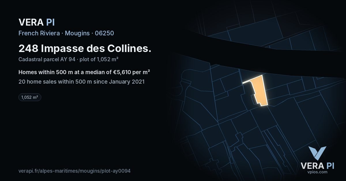 248 Impasse des Collines, Mougins at night – the plot lit, the parcels around coloured by the prices near them