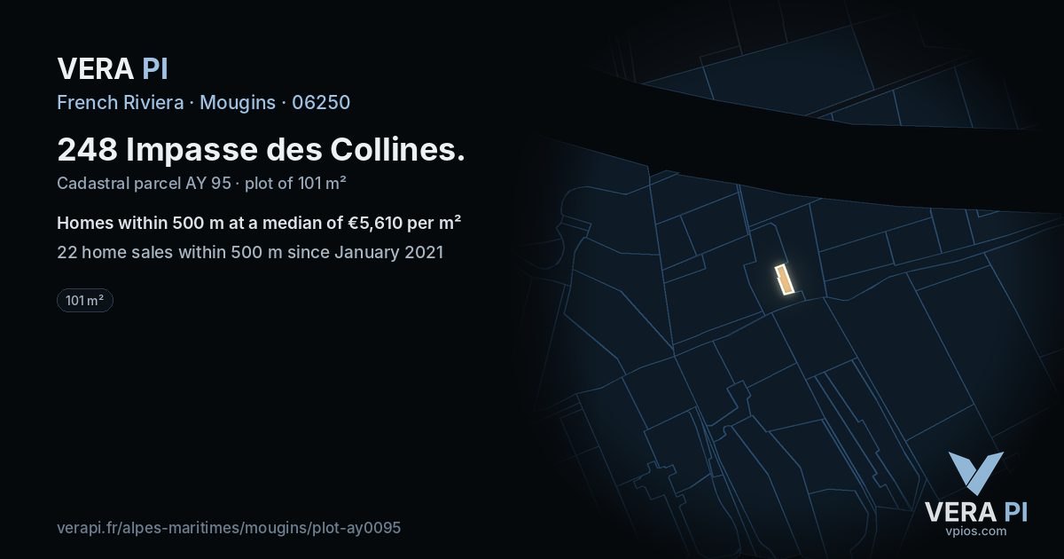 248 Impasse des Collines, Mougins at night – the plot lit, the parcels around coloured by the prices near them