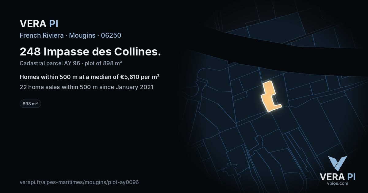 248 Impasse des Collines, Mougins at night – the plot lit, the parcels around coloured by the prices near them