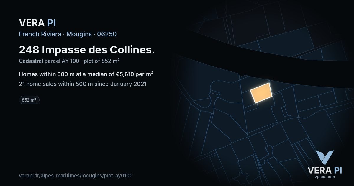 248 Impasse des Collines, Mougins at night – the plot lit, the parcels around coloured by the prices near them