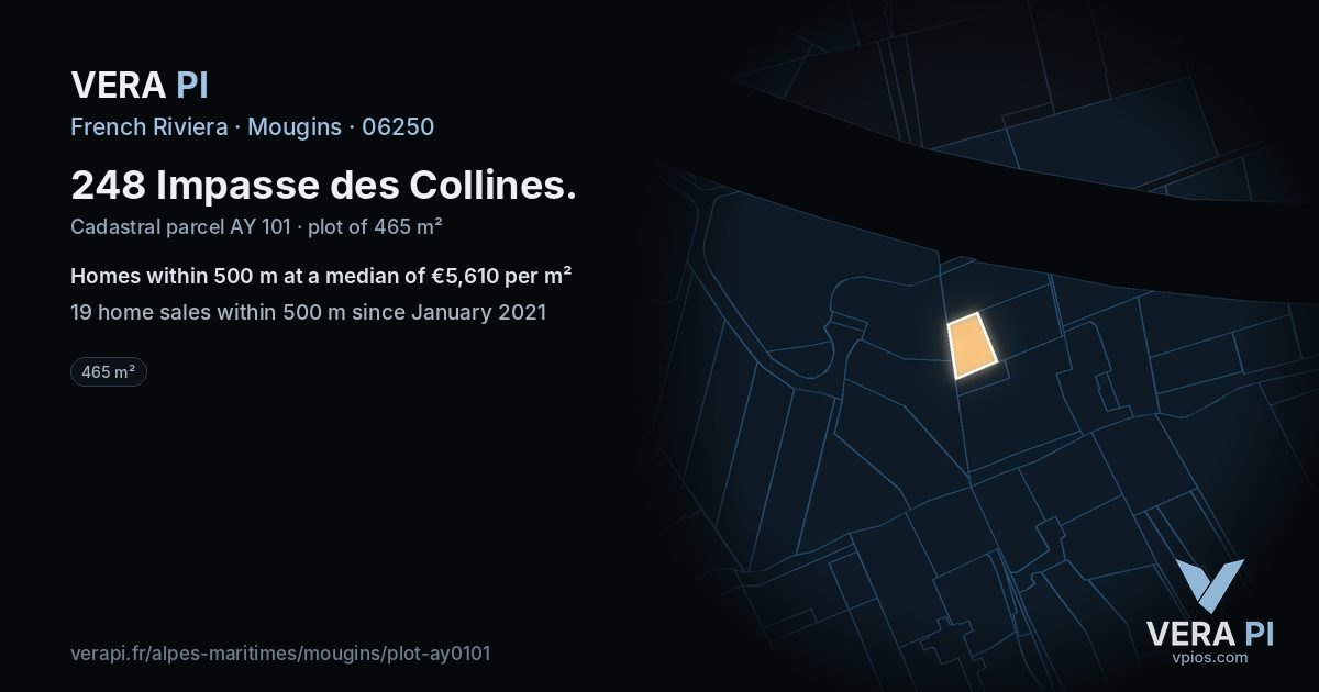 248 Impasse des Collines, Mougins at night – the plot lit, the parcels around coloured by the prices near them