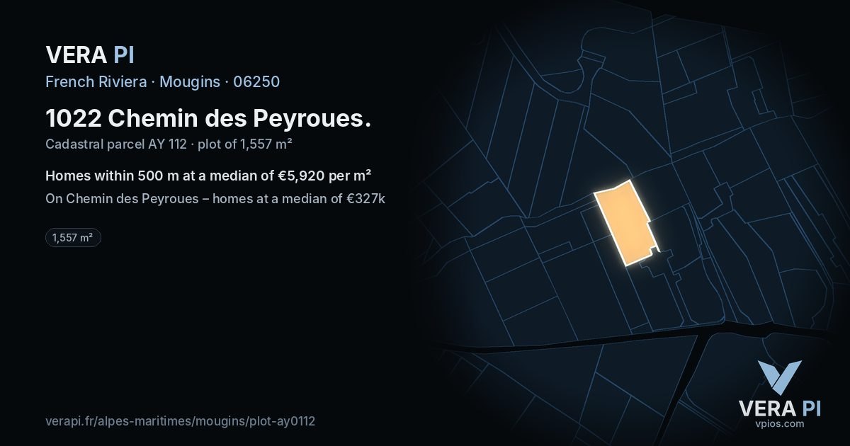 1022 Chemin des Peyroues, Mougins at night – the plot lit, the parcels around coloured by the prices near them