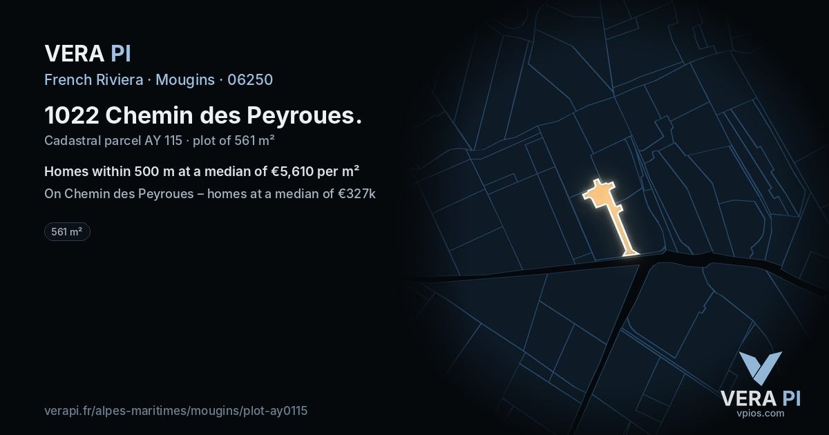 1022 Chemin des Peyroues, Mougins at night – the plot lit, the parcels around coloured by the prices near them