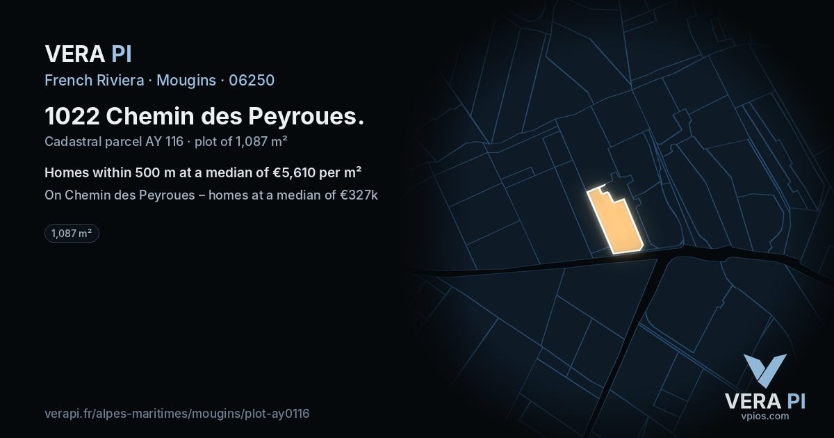 1022 Chemin des Peyroues, Mougins at night – the plot lit, the parcels around coloured by the prices near them