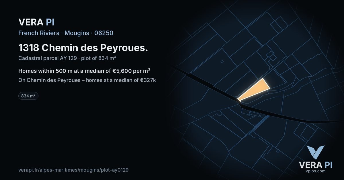 1318 Chemin des Peyroues, Mougins at night – the plot lit, the parcels around coloured by the prices near them