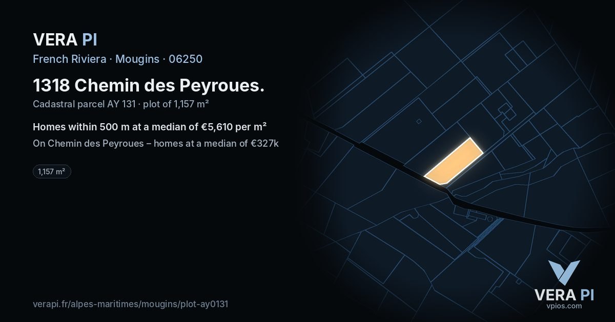 1318 Chemin des Peyroues, Mougins at night – the plot lit, the parcels around coloured by the prices near them