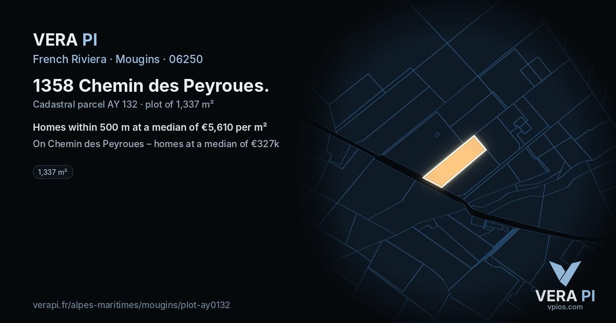 1358 Chemin des Peyroues, Mougins at night – the plot lit, the parcels around coloured by the prices near them