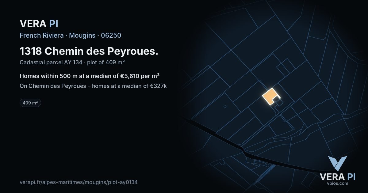 1318 Chemin des Peyroues, Mougins at night – the plot lit, the parcels around coloured by the prices near them