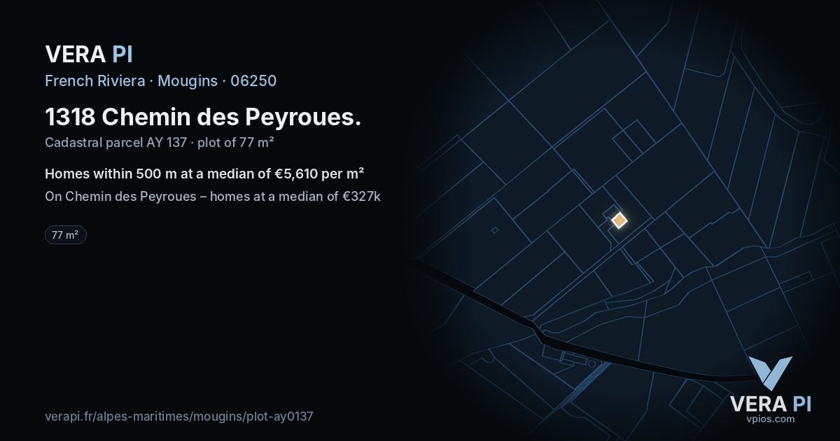 1318 Chemin des Peyroues, Mougins at night – the plot lit, the parcels around coloured by the prices near them