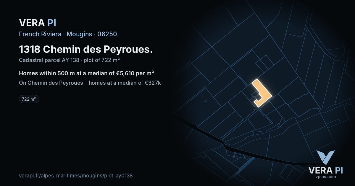 1318 Chemin des Peyroues, Mougins at night – the plot lit, the parcels around coloured by the prices near them