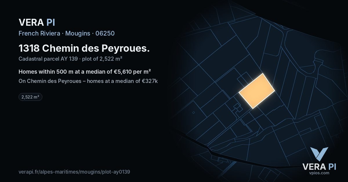 1318 Chemin des Peyroues, Mougins at night – the plot lit, the parcels around coloured by the prices near them