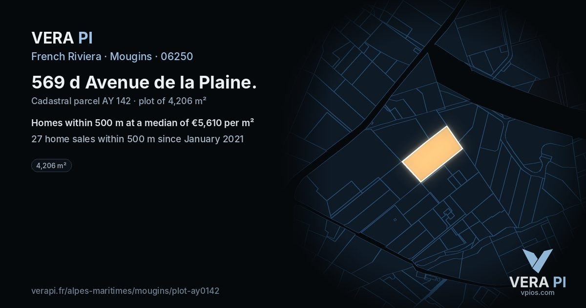 569 d Avenue de la Plaine, Mougins at night – the plot lit, the parcels around coloured by the prices near them