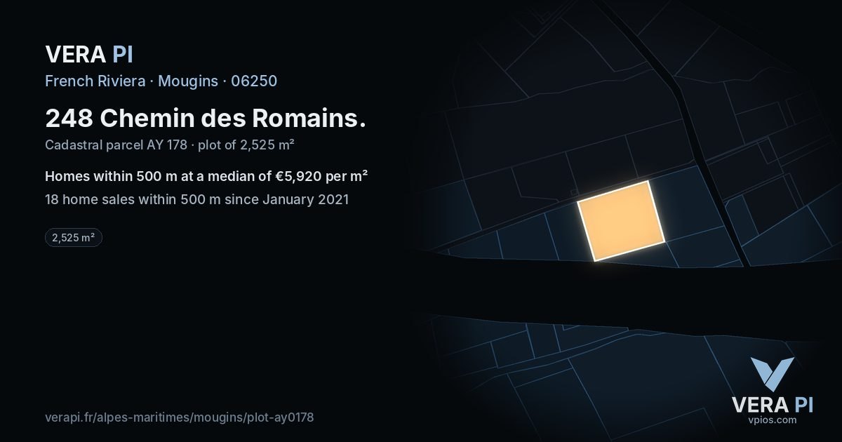 248 Chemin des Romains, Mougins at night – the plot lit, the parcels around coloured by the prices near them