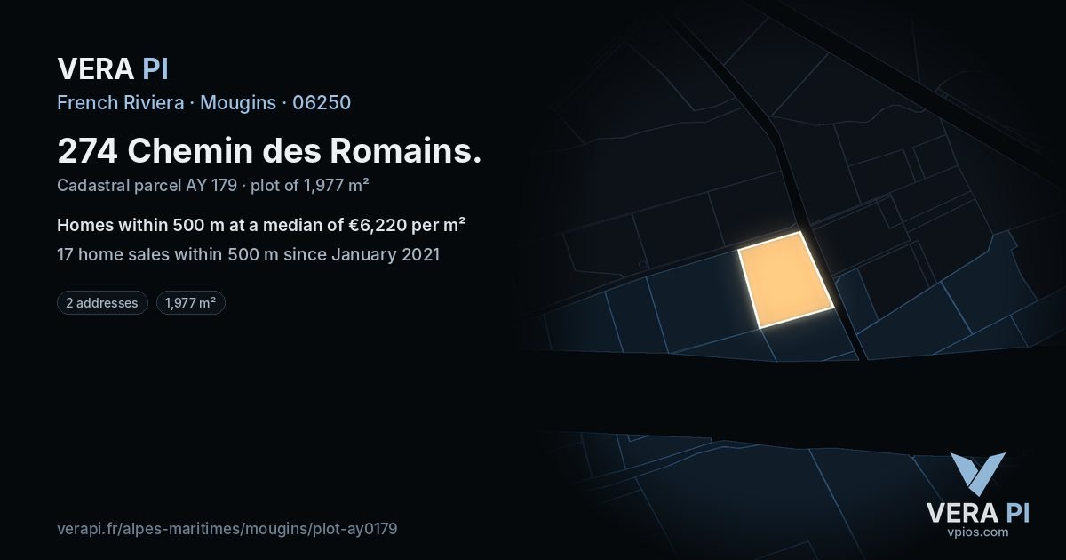 274 Chemin des Romains, Mougins at night – the plot lit, the parcels around coloured by the prices near them