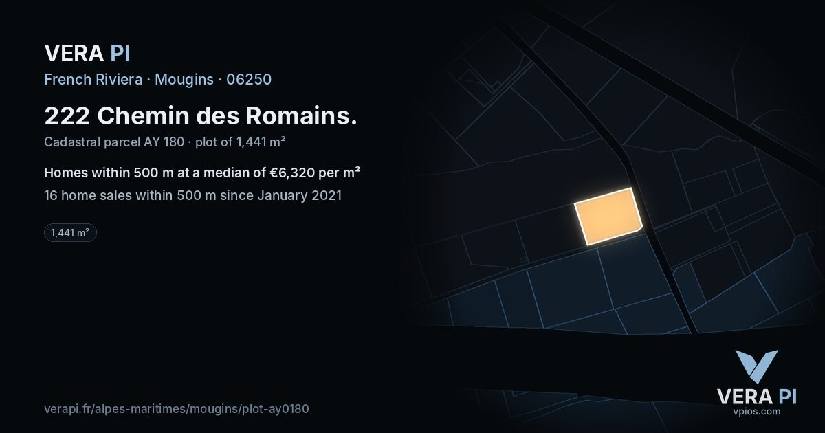 222 Chemin des Romains, Mougins at night – the plot lit, the parcels around coloured by the prices near them