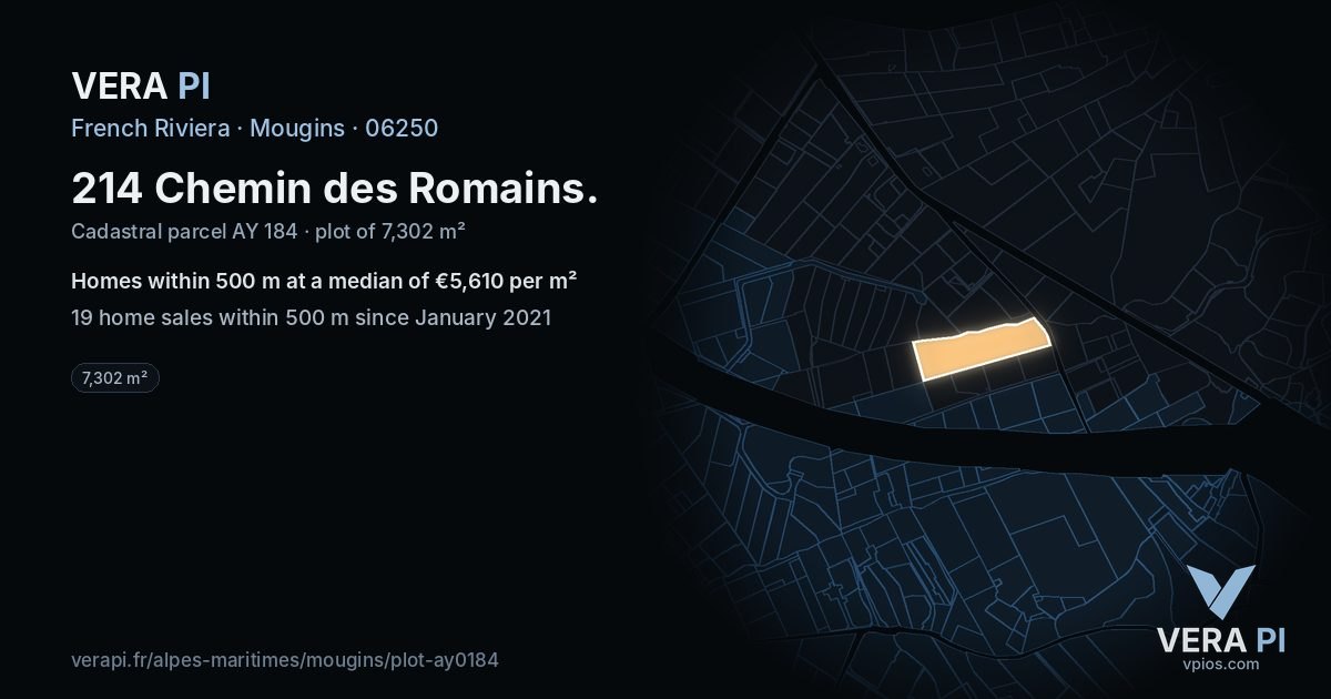 214 Chemin des Romains, Mougins at night – the plot lit, the parcels around coloured by the prices near them