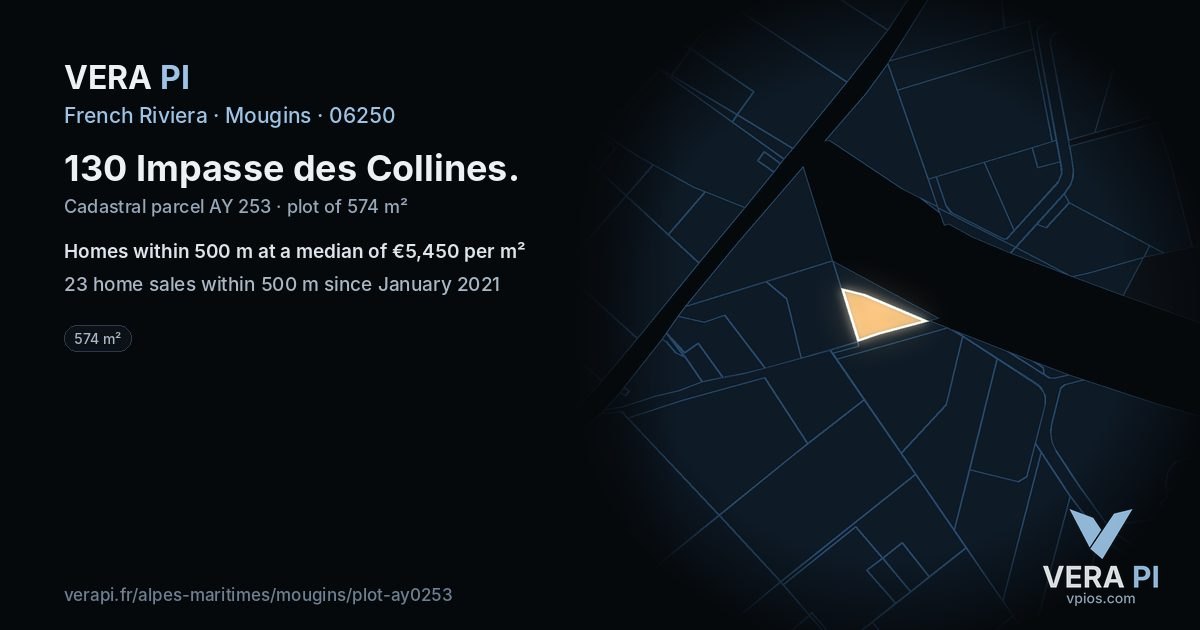 130 Impasse des Collines, Mougins at night – the plot lit, the parcels around coloured by the prices near them