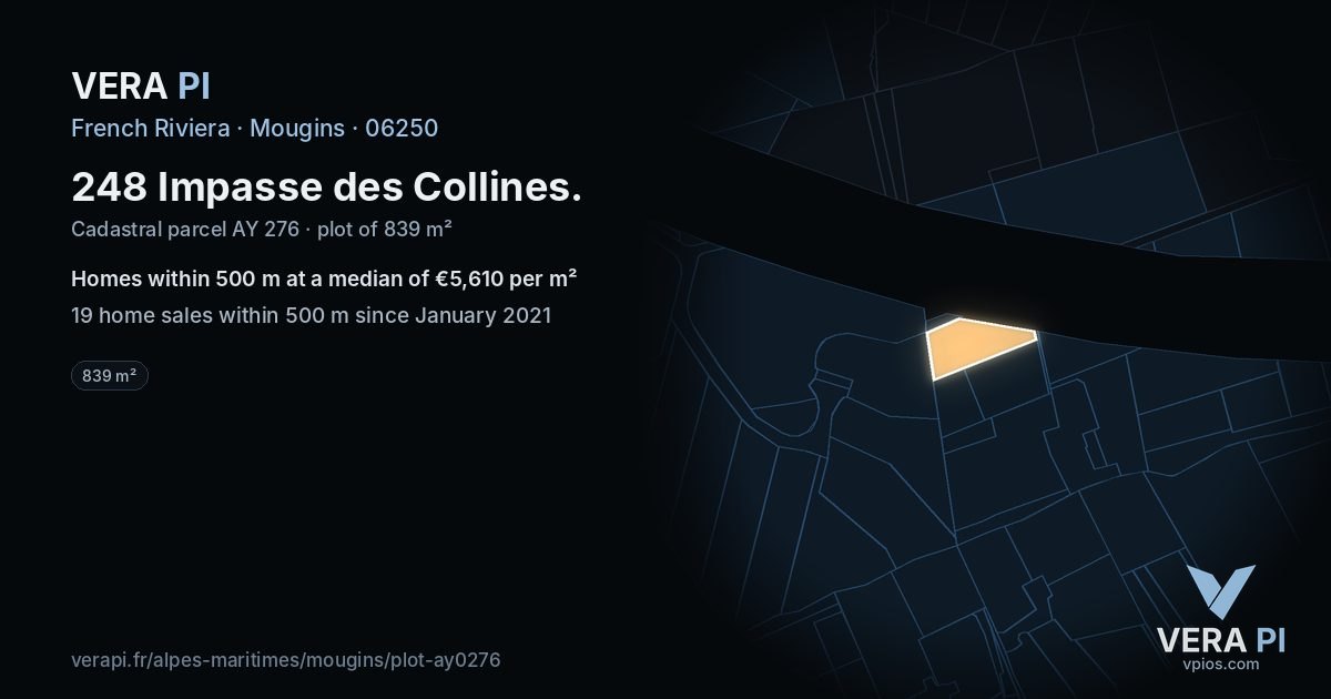 248 Impasse des Collines, Mougins at night – the plot lit, the parcels around coloured by the prices near them