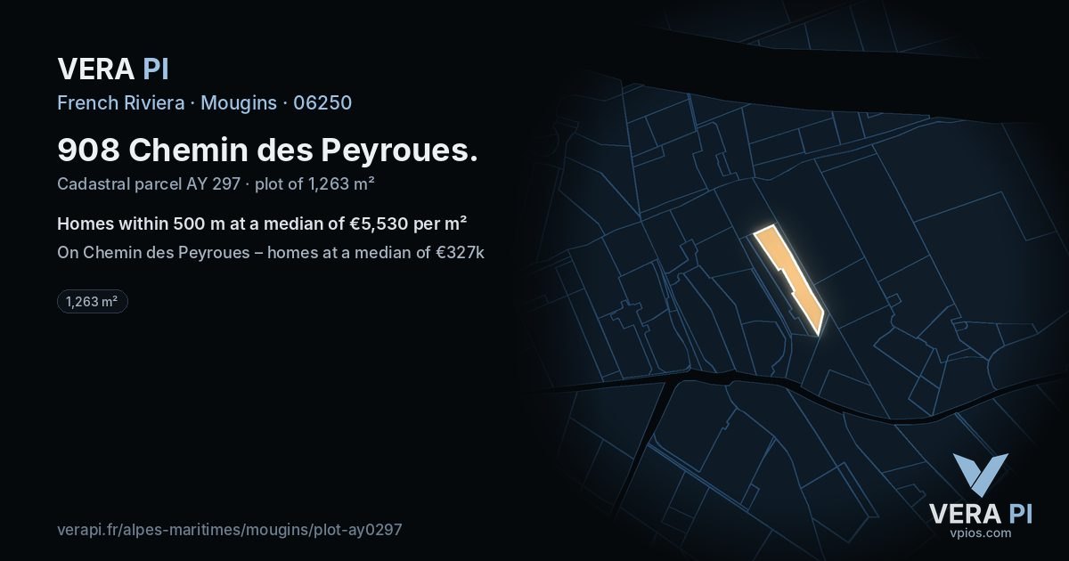 908 Chemin des Peyroues, Mougins at night – the plot lit, the parcels around coloured by the prices near them