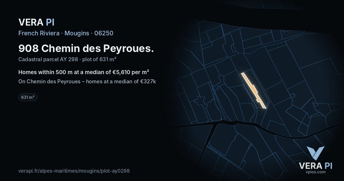 908 Chemin des Peyroues, Mougins at night – the plot lit, the parcels around coloured by the prices near them