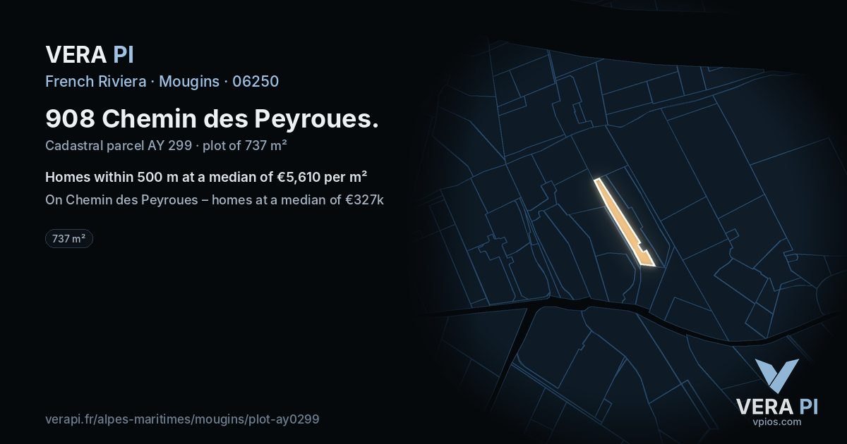 908 Chemin des Peyroues, Mougins at night – the plot lit, the parcels around coloured by the prices near them
