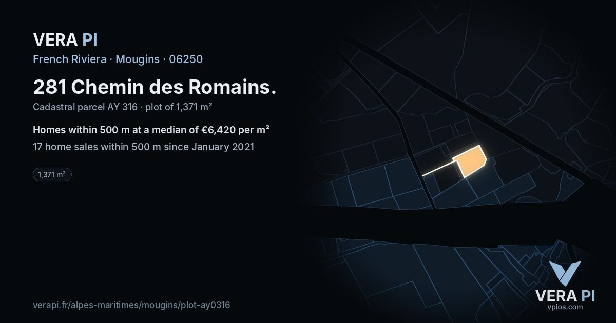 281 Chemin des Romains, Mougins at night – the plot lit, the parcels around coloured by the prices near them