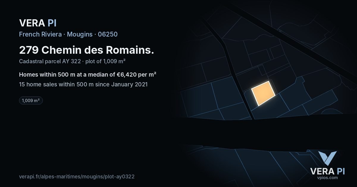 279 Chemin des Romains, Mougins at night – the plot lit, the parcels around coloured by the prices near them