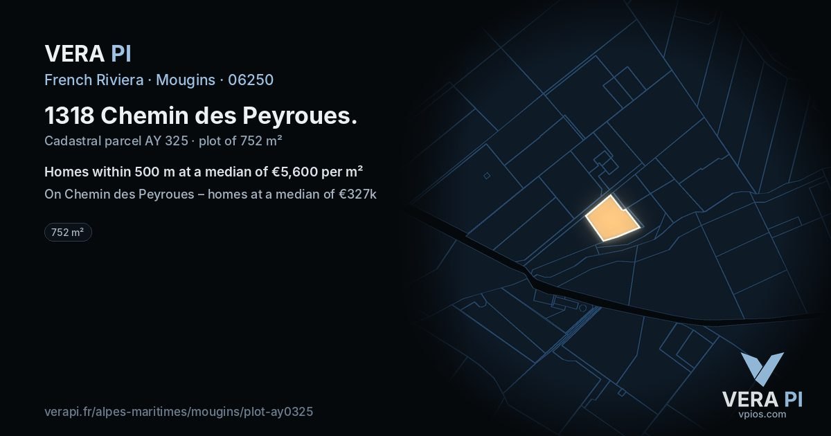 1318 Chemin des Peyroues, Mougins at night – the plot lit, the parcels around coloured by the prices near them