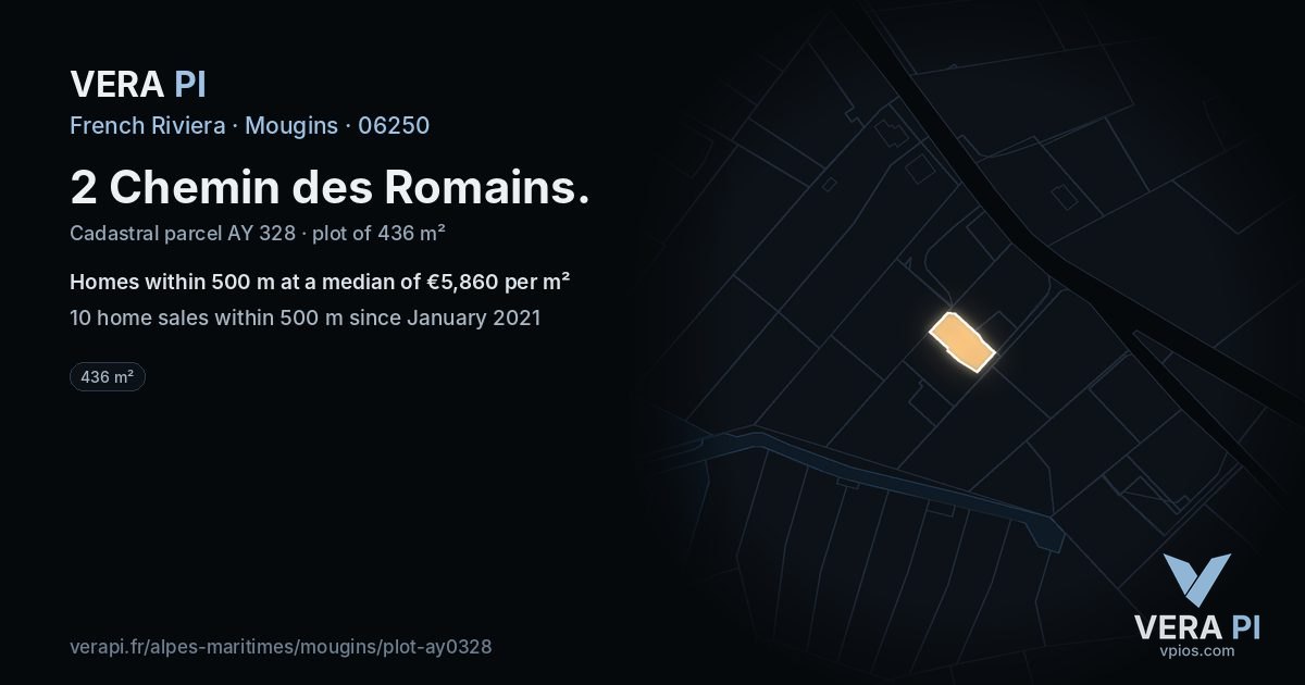 2 Chemin des Romains, Mougins at night – the plot lit, the parcels around coloured by the prices near them