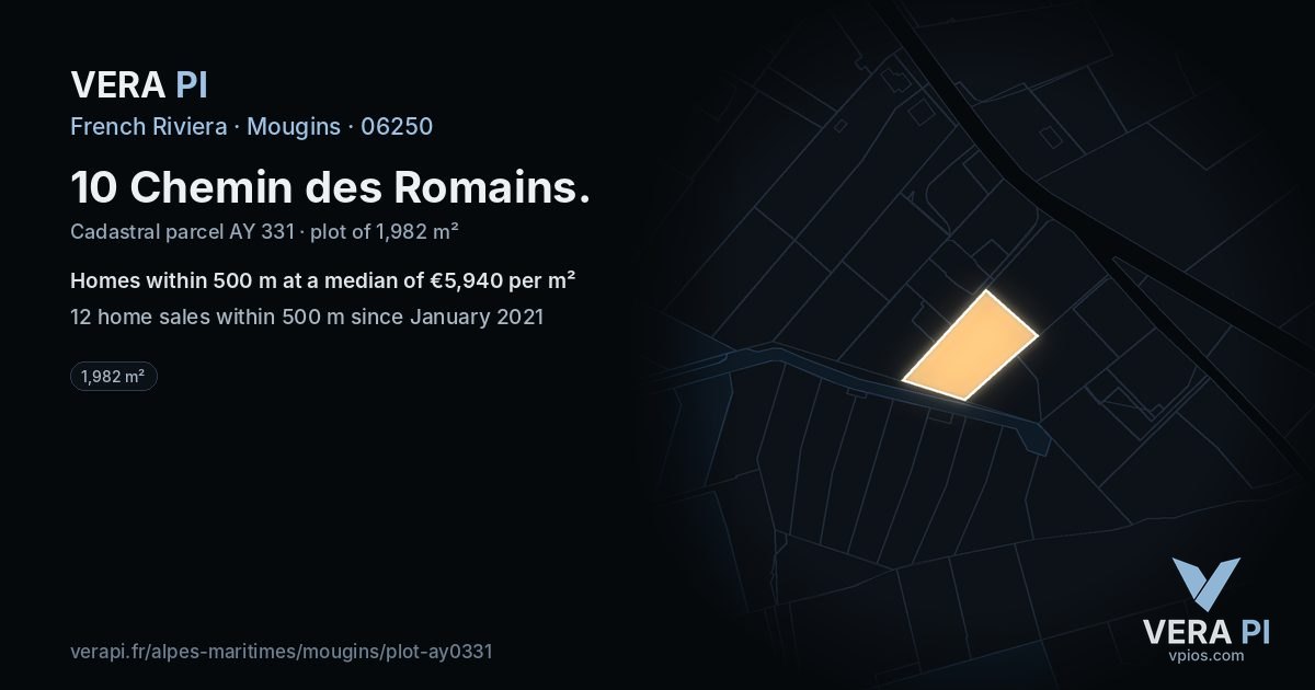 10 Chemin des Romains, Mougins at night – the plot lit, the parcels around coloured by the prices near them
