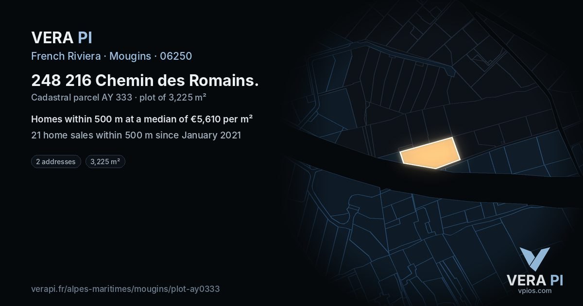 248 216 Chemin des Romains, Mougins at night – the plot lit, the parcels around coloured by the prices near them