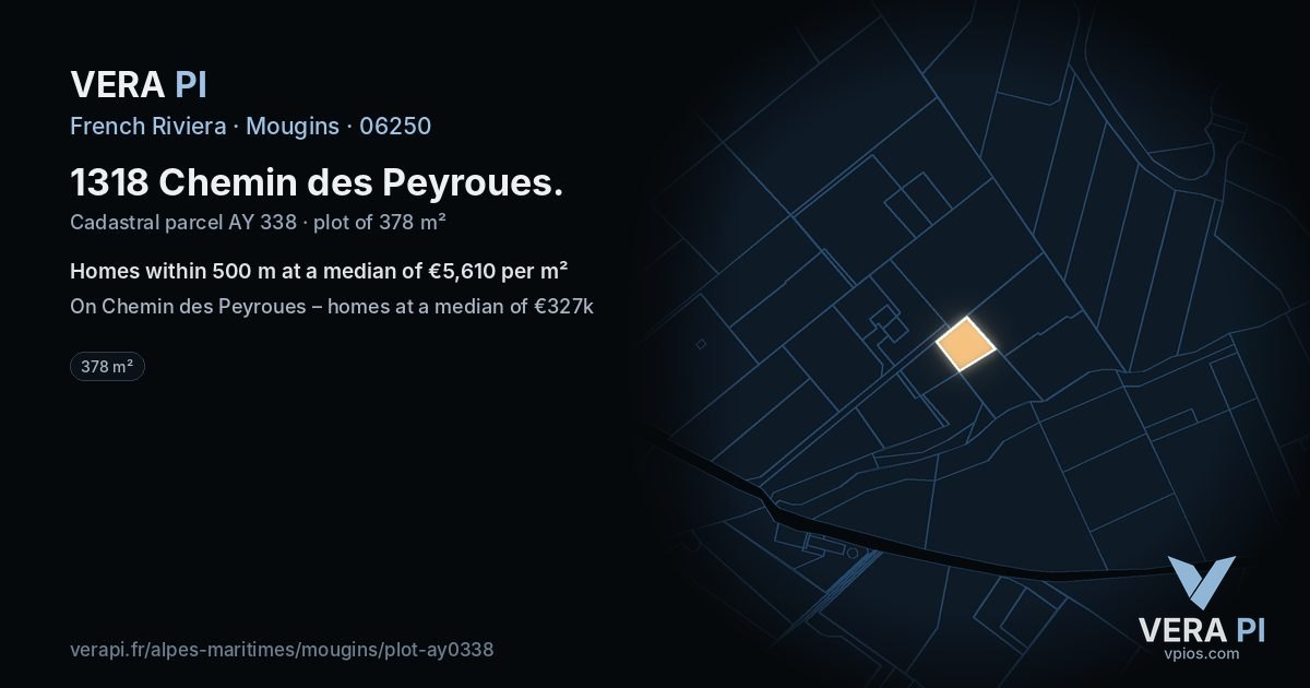 1318 Chemin des Peyroues, Mougins at night – the plot lit, the parcels around coloured by the prices near them