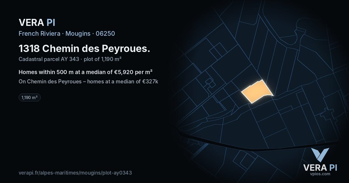 1318 Chemin des Peyroues, Mougins at night – the plot lit, the parcels around coloured by the prices near them