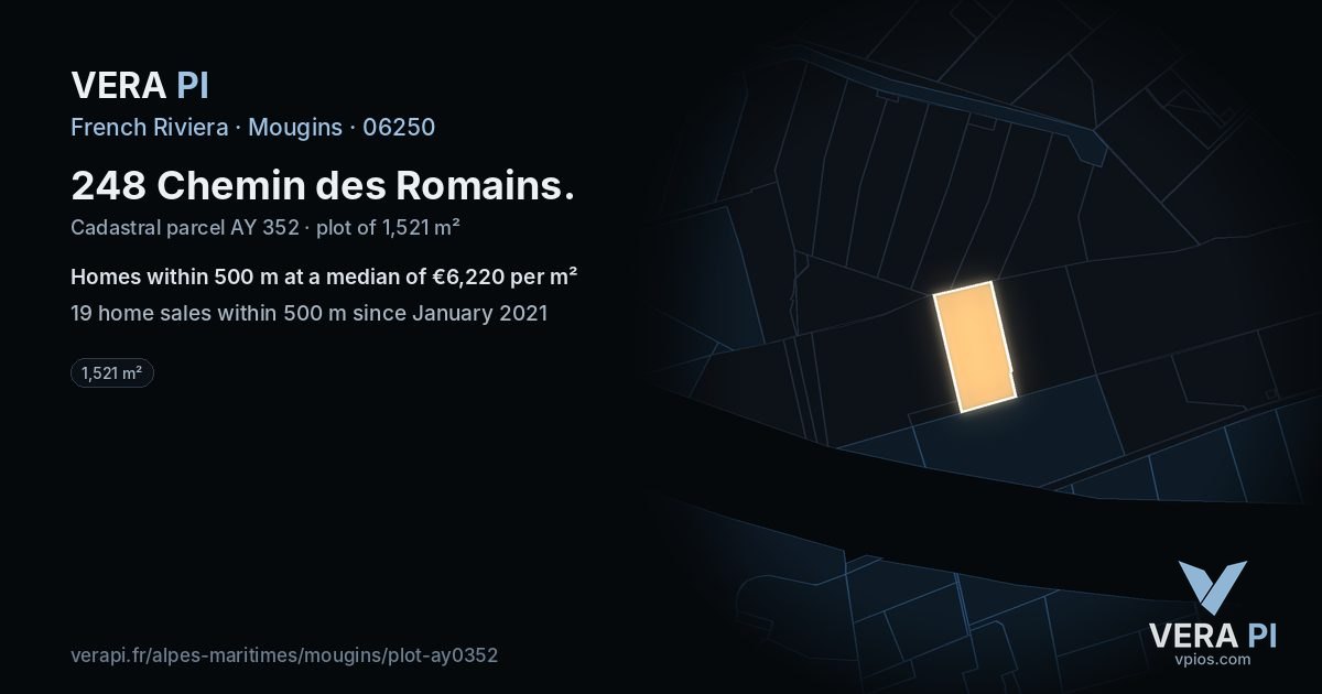 248 Chemin des Romains, Mougins at night – the plot lit, the parcels around coloured by the prices near them
