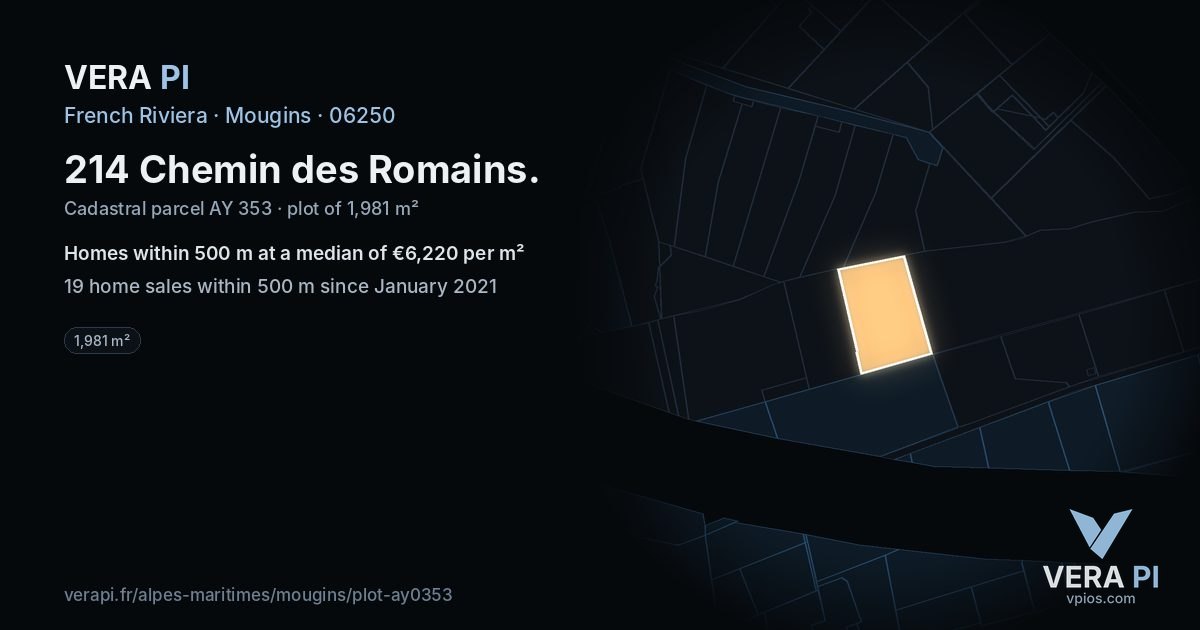 214 Chemin des Romains, Mougins at night – the plot lit, the parcels around coloured by the prices near them