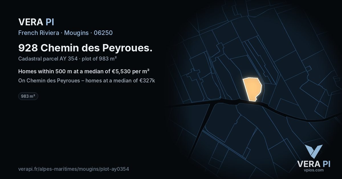 928 Chemin des Peyroues, Mougins at night – the plot lit, the parcels around coloured by the prices near them